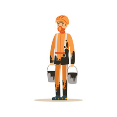 Oilman in orange stained uniform standing with buckets full of oil, oil industry extraction and refinery production vector Illustration