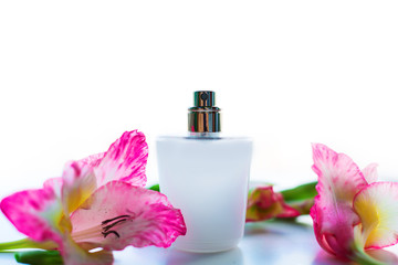 Obraz na płótnie Canvas Perfume bottles with flowers on light background