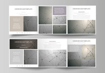 Set of business templates for tri fold square design brochures. Leaflet cover, abstract vector layout. Chemistry pattern, molecule structure on gray background. Science and technology concept.
