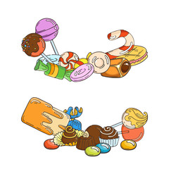 Label sweet shop. Swirl candy, chocolate, lollipop, caramel, cream.