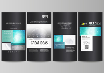 The black colored minimalistic vector illustration of editable layout of four vertical banners, flyers design business templates. Chemistry pattern. Molecule structure. Medical, science background.