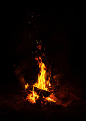 Fire burns at night in a tourist camp