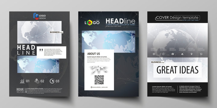 The black colored vector illustration of the editable layout of A4 format covers design templates for brochure, magazine, flyer, booklet. Technology concept. Molecule structure, connecting background.