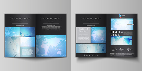 The black colored vector illustration of editable layout of two A4 format modern covers design templates for brochure, flyer, booklet. World map on blue, geometric technology design, polygonal texture