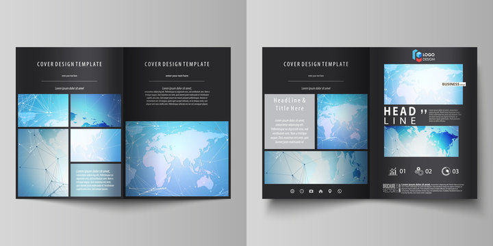 The black colored vector illustration of editable layout of two A4 format modern covers design templates for brochure, flyer, booklet. World map on blue, geometric technology design, polygonal texture