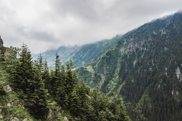 Carpathians nature landscape of rocky Fagaras mountains in cloudy weather at Romania, spectacular wilderness scenery