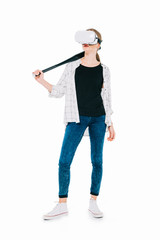 woman in virtual reality headset with bat