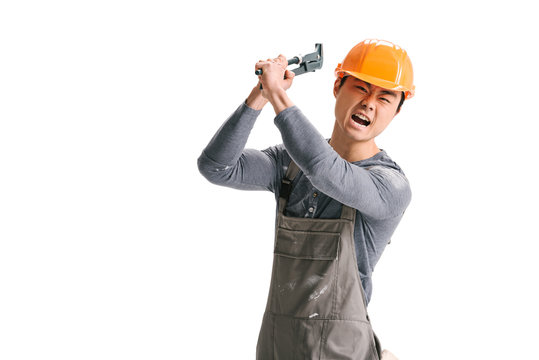 construction worker with pipe wrench
