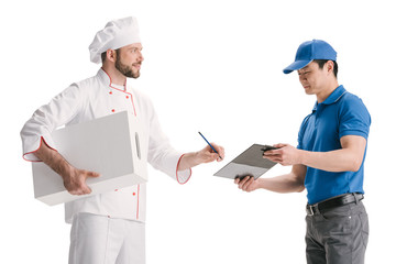 asian courier and making delivery for chef