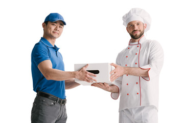 asian courier and making delivery for chef