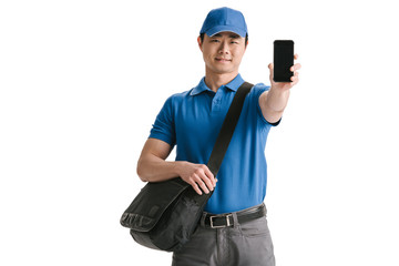 asian courier showing blank smartphone