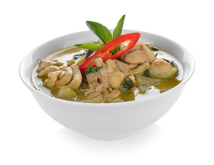 Green curry Chicken Intense soup on white, Thai cuisine