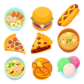 Vector - dishes food dessert and meal tasty cartoon icon set
