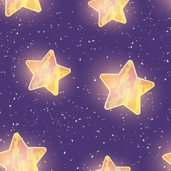 Shining stars in the night sky, seamless pattern. Warm yellow light. Galaxy with stardust texture. Baby bedroom print design. Textured rounded star shapes on dark violet background. Cosmic wallpaper.