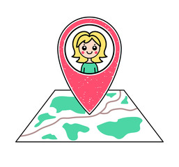 Textured red geotag icon with blonde girl portrait pointing at a map. GPS navigation concept. Vector illustration for mobile device,smartphone app,website. Friend's location. Woman character pictogram