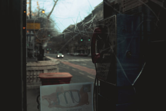Telephone booth in city