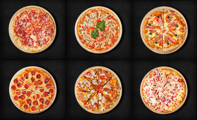 Six different pizza set for menu on a black background.Italian food traditional cuisine. Meat pizzas with  salami, seafood, ham, pepperoni, barbecue  and flaming pie. 