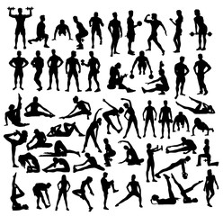 Gym Fitness Exercise and Weightlifter Activity Silhouettes, art vector design 
