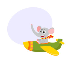 Cute funny elephant pilot character flying on airplane, cartoon vector illustration with space for text. Little baby elephant pilot, animal character flying in open airplane