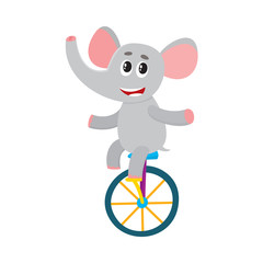 Cute little elephant character riding bicycle, unicycle, cycling, cartoon vector illustration isolated on white background. Little baby elephant animal character riding bike, bicycle, unicycle