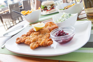Klassisches Wiener Schnitzel vom Kalb im Biergarten mit Gurkensalat und Preiselbberen