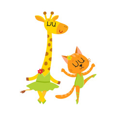 Cute little giraffe and cat, kitten characters dancing ballet together, cartoon vector illustration isolated on white background. Little cat, kitten and giraffe ballet dancers, ballerinas
