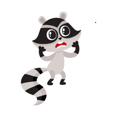 Fototapeta na wymiar Cute raccoon character unpleasantly surprised, shocked, showing disbelief, cartoon vector illustration isolated on white background. Little raccoon holding head in paws from disbelief, feeling shock