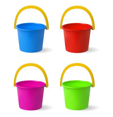 Colored baby buckets. A set of multi-colored buckets for playing in sandbox. Isolated objects on white background. Vector illustration.