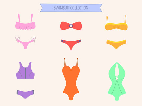 Women colorful swimsuit set. Bikini and monokini collection. Female swimwear