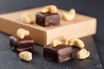 Handmade chocolate bonbons with cashew