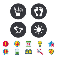 Beach holidays icons. Cocktail, human footprints.