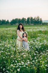 Mom with baby in daisy field at sunset. Toning