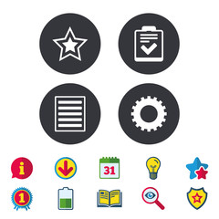 Star and menu list signs. Checklist, gear.