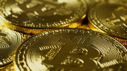 Crypto currency Gold Bitcoins - BTC - Bit Coin. Macro shots crypto currency Bitcoin coins.