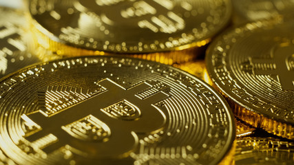 Crypto currency Gold Bitcoins - BTC - Bit Coin. Macro shots crypto currency Bitcoin coins.