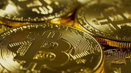 Crypto currency Gold Bitcoins - BTC - Bit Coin. Macro shots crypto currency Bitcoin coins.
