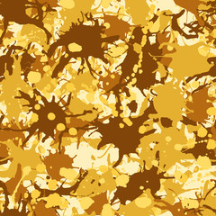 Yellow brown ink paint splashes seamless pattern