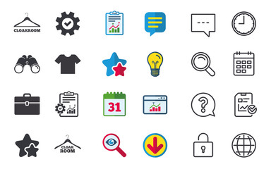 Cloakroom signs. Hanger wardrobe icons.