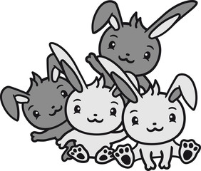 Obraz na płótnie Canvas spaß party crew 4 freunde team paar pärchen liebe brüder geschwister kaninchen hase klein süß niedlich winken glücklich sitzend begrüßung