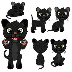 Fotobehang Black kitten in different poses. Vector illustration in cartoon style on white background for animation, games, veterinary projects, childrens books and other design needs © Lady-Luck
