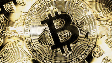 Crypto currency Gold Bitcoin - BTC - Bit Coin. Macro shots crypto currency Bitcoin coins. Holomatrix style.