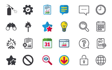 Fire flame icons. Prohibition stop symbol.