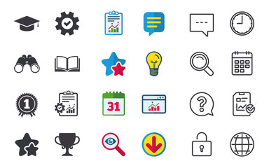 Graduation icons. Education book symbol.
