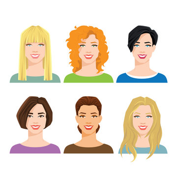vector illustration of young woman's face with different hair style and hair color on white background