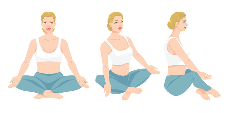 Vector illustration of young girl in yoga pose isolated on white background. Woman in clothes for sport or fitness. Various turns woman's figure. Front view, half-turn and side view.