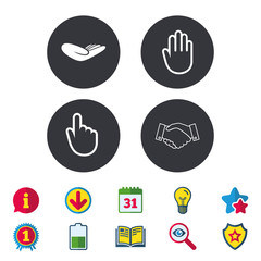 Hand icons. Handshake and click here symbols.