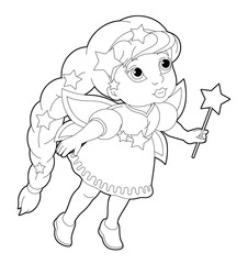 cartoon coloring page of a fairy flying holding wand - illustration for children
