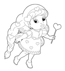cartoon coloring page of a fairy flying holding wand - illustration for children