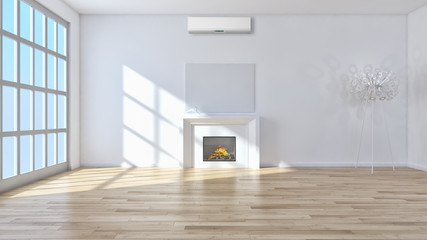 Modern bright living room with air conditioning, white wall. 3D rendering