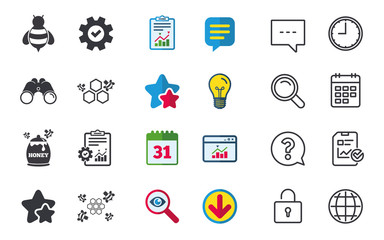 Honey icon. Honeycomb cells with bees symbol.